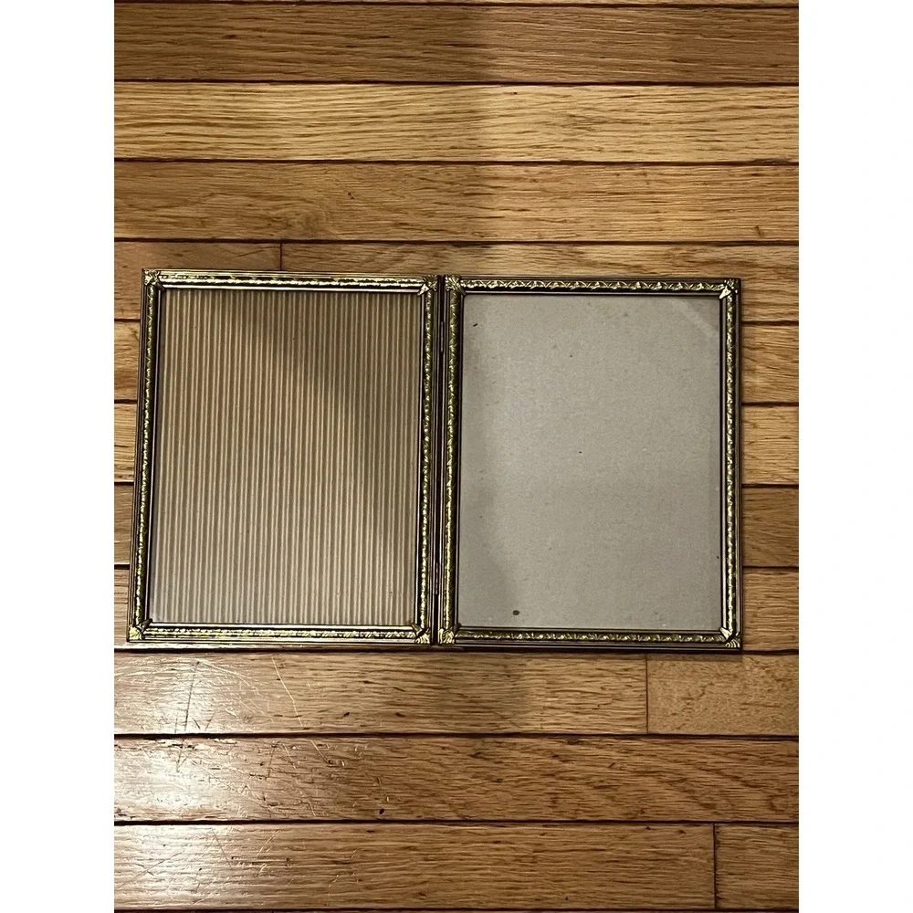 Vtg Gold Metal Double Picture Frame 5x7 Embossed Floral Hinged Mid Century